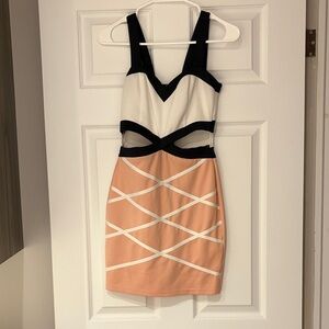 Papaya Black, White, and Peach Mini Dress